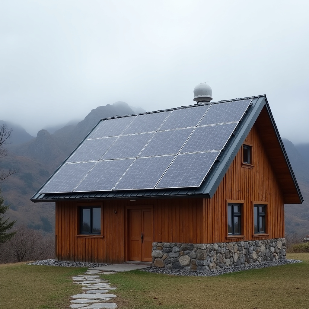 Techo de vivienda patagónica con paneles solares fotovoltaicos instalados