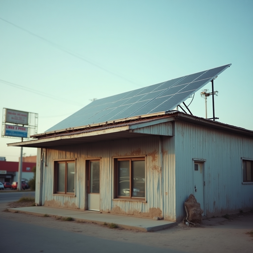 Techo de un pequeño comercio con paneles solares fotovoltaicos instalados